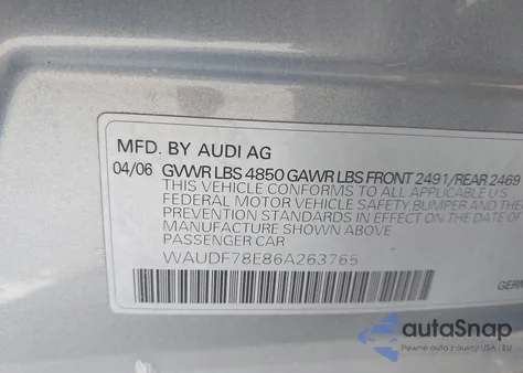 2006 Audi A4 2.0T из США, поврежденный, VIN WAUDF78E86A263765